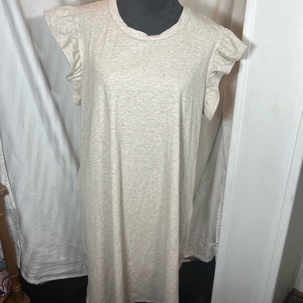 White Birch Oatmeal Ribbed Knit Ruffle Sleeve T-Shirt Dress Womens 2X Neutral